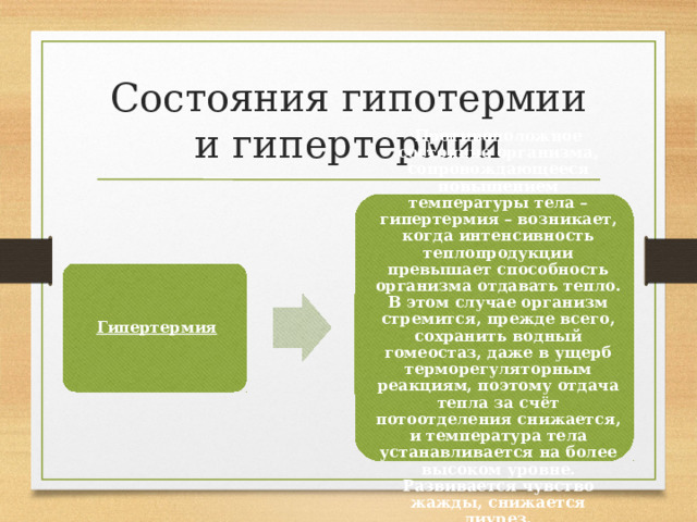 Состояния гипотермии и гипертермии Противоположное состояние организма, сопровождающееся повышением температуры тела – гипертермия – возникает, когда интенсивность теплопродукции превышает способность организма отдавать тепло. В этом случае организм стремится, прежде всего, сохранить водный гомеостаз, даже в ущерб терморегуляторным реакциям, поэтому отдача тепла за счёт потоотделения снижается, и температура тела устанавливается на более высоком уровне. Развивается чувство жажды, снижается диурез. Гипертермия 