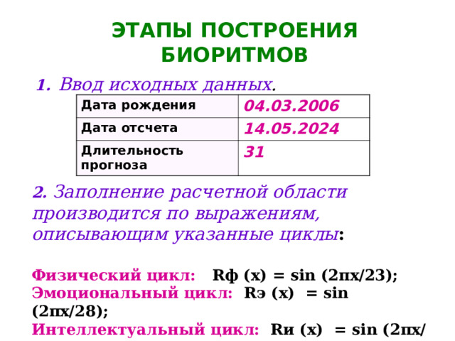 ЭТАПЫ ПОСТРОЕНИЯ БИОРИТМОВ 1.  Ввод исходных данных . Дата рождения 04 .0 3 . 2006 Дата отсчета 14 . 05 .20 24 Длительность прогноза 31 2.  Заполнение расчетной области производится по выражениям, описывающим указанные циклы :  Физический цикл:  R ф (х) = sin (2 πx /23); Эмоциональный цикл:  R э (х) = sin (2 πx /28); Интеллектуальный цикл:  R и (х) = sin (2 πx /33);  где х – возраст человека в днях. 