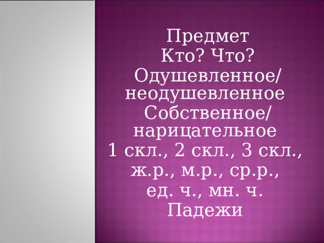   Предмет  Кто? Что?   Одушевленное/ неодушевленное   Собственное/ нарицательное 1 скл., 2 скл., 3 скл., ж.р., м.р., ср.р., ед. ч., мн. ч. Падежи 