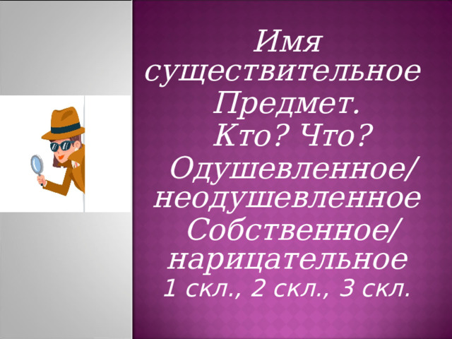 Имя существительное  Предмет.  Кто? Что?   Одушевленное/ неодушевленное   Собственное/ нарицательное 1 скл., 2 скл., 3 скл. 