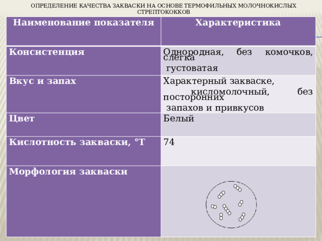 ОПРЕДЕЛЕНИЕ КАЧЕСТВА ЗАКВАСКИ НА ОСНОВЕ ТЕРМОФИЛЬНЫХ МОЛОЧНОКИСЛЫХ СТРЕПТОКОККОВ  Наименование показателя    Характеристика Консистенция  Однородная, без комочков, слегка Вкус и запах    Характерный закваске,    Цвет    густоватая  Белый Кислотность закваски, °Т    кисломолочный, без посторонних  Морфология закваски 74      запахов и привкусов 