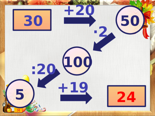+20 50 30 ∙ 2 100 :20 +19 5 24 