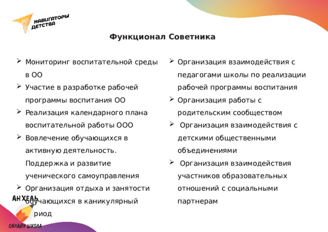 Функционал Советника Мониторинг воспитательной среды в ОО Участие в разработке рабочей программы воспитания ОО Реализация календарного плана воспитательной работы ООО Вовлечение обучающихся в активную деятельность. Поддержка и развитие ученического самоуправления Организация отдыха и занятости обучающихся в каникулярный период Организация взаимодействия с педагогами школы по реализации рабочей программы воспитания Организация работы с родительским сообществом  Организация взаимодействия с детскими общественными объединениями  Организация взаимодействия участников образовательных отношений с социальными партнерам 