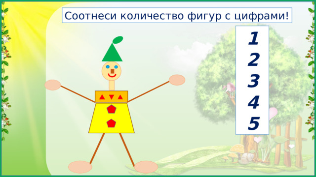 Соотнеси количество фигур с цифрами! 1 2 3 4 5 Подобные    задания   могут   придумывать   ребята  самостоятельно  и  предлагать   для   решения  одноклассникам.  Это   не    только      повышает       интерес      к      предмету,      расширяет    творческие    возможности    ребят,    укрепляет    уверенность в    своих     силах,    но      и     создает     атмосферу      радости,      успеха,     пробуждает     новые   силы   и   желание   учиться.    
