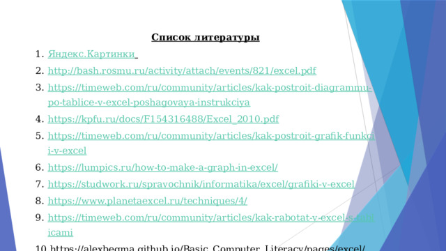 Список литературы Яндекс.Картинки   http://bash.rosmu.ru/activity/attach/events/821/excel.pdf https://timeweb.com/ru/community/articles/kak-postroit-diagrammu-po-tablice-v-excel-poshagovaya-instrukciya https://kpfu.ru/docs/F154316488/Excel_2010.pdf https://timeweb.com/ru/community/articles/kak-postroit-grafik-funkcii-v-excel https://lumpics.ru/how-to-make-a-graph-in-excel/ https://studwork.ru/spravochnik/informatika/excel/grafiki-v-excel https://www.planetaexcel.ru/techniques/4/ https://timeweb.com/ru/community/articles/kak-rabotat-v-excel-s-tablicami https://alexbegma.github.io/Basic_Computer_Literacy/pages/excel/spreadsheetExcel.htm 