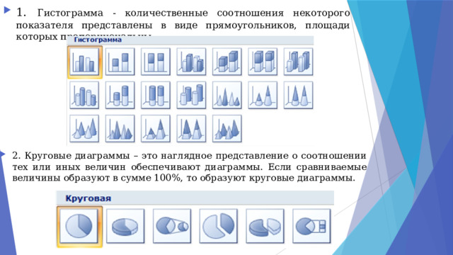 1.  Гистограмма - количественные соотношения некоторого показателя представлены в виде прямоугольников, площади которых пропорциональны. 2. Круговые диаграммы – это наглядное представление о соотношении тех или иных величин обеспечивают диаграммы. Если сравниваемые величины образуют в сумме 100%, то образуют круговые диаграммы. 