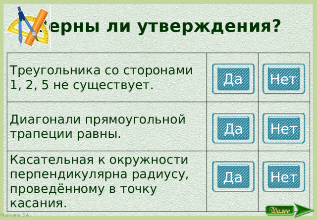 Верны ли утверждения? Треугольника со сторонами 1, 2, 5 не существует. Диагонали прямоугольной трапеции равны. Касательная к окружности перпендикулярна радиусу, проведённому в точку касания. Да Нет Да Нет Да Нет 