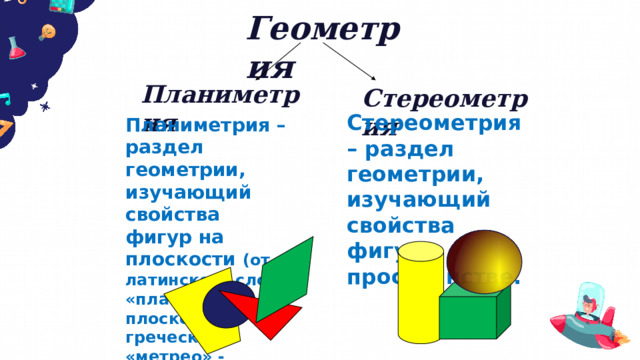 Геометрия Планиметрия Стереометрия Стереометрия – раздел геометрии, изучающий свойства фигур в пространстве. Планиметрия – раздел геометрии, изучающий свойства фигур на плоскости (от латинского слова «планум» - плоскость и греческого «метрео» - измеряю). 