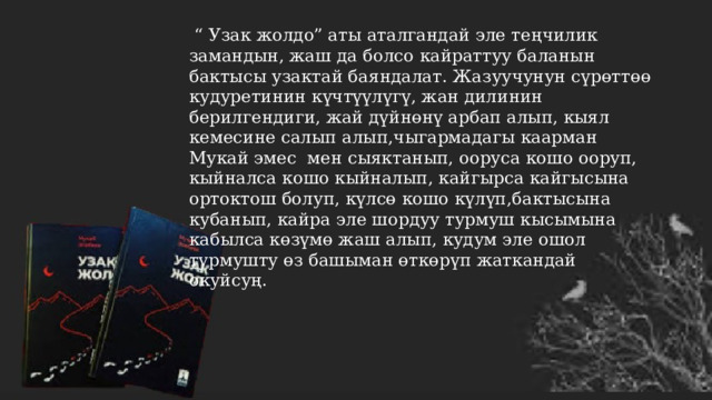  “ Узак жолдо” аты аталгандай эле теңчилик замандын, жаш да болсо кайраттуу баланын бактысы узактай баяндалат. Жазуучунун сүрөттөө кудуретинин күчтүүлүгү, жан дилинин берилгендиги, жай дүйнөнү арбап алып, кыял кемесине салып алып,чыгармадагы каарман Мукай эмес мен сыяктанып, ооруса кошо ооруп, кыйналса кошо кыйналып, кайгырса кайгысына ортоктош болуп, күлсө кошо күлүп,бактысына кубанып, кайра эле шордуу турмуш кысымына кабылса көзүмө жаш алып, кудум эле ошол турмушту өз башыман өткөрүп жаткандай окуйсуң. 