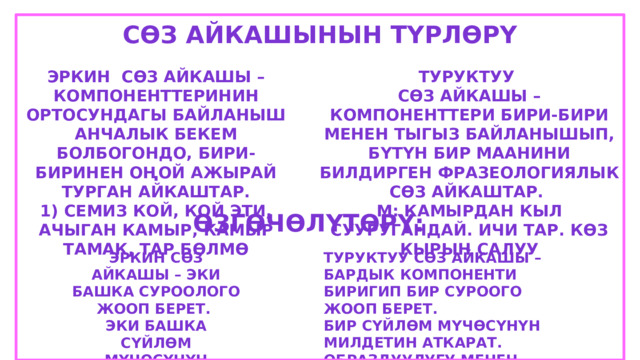 Сөз айкашынын түрлөрү Эркин Сөз айкашы – компоненттеринин ортосундагы байланыш анчалык бекем болбогондо, бири-биринен оңой ажырай турган айкаштар. Туруктуу 1) Семиз кой, кой эти, ачыган камыр, камыр тамак, тар бөлмө сөз айкашы – компоненттери бири-бири менен тыгыз байланышып, бүтүн бир маанини билдирген фразеологиялык сөз айкаштар.  М: Камырдан кыл сууругандай. Ичи тар. Көз кырын салуу Өзгөчөлүтөрү: Туруктуу сөз айкашы – бардык компоненти биригип бир суроого жооп берет. Бир сүйлөм мүчөсүнүн милдетин аткарат. Образдуулугу менен айырмаланат. Эркин сөз айкашы – эки башка суроолого жооп берет. Эки башка сүйлөм мүчөсүнүн милдетин аткарат. 