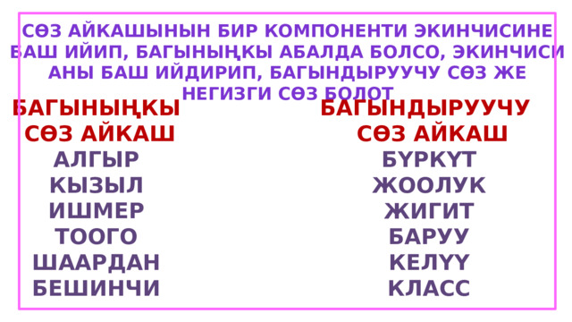 Сөз айкашынын бир компоненти экинчисине баш ийип, багыныңкы абалда болсо, экинчиси аны баш ийдирип, багындыруучу сөз же негизги сөз болот Багыныңкы  сөз айкаш Алгыр Кызыл Ишмер Тоого Шаардан бешинчи Багындыруучу  сөз айкаш Бүркүт Жоолук Жигит Баруу Келүү класс 