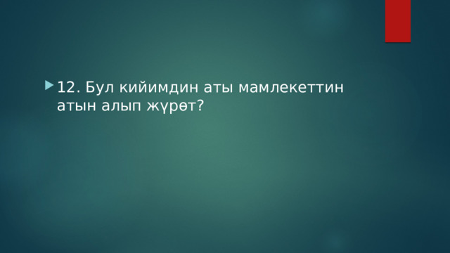 12. Бул кийимдин аты мамлекеттин атын алып жүрөт? 