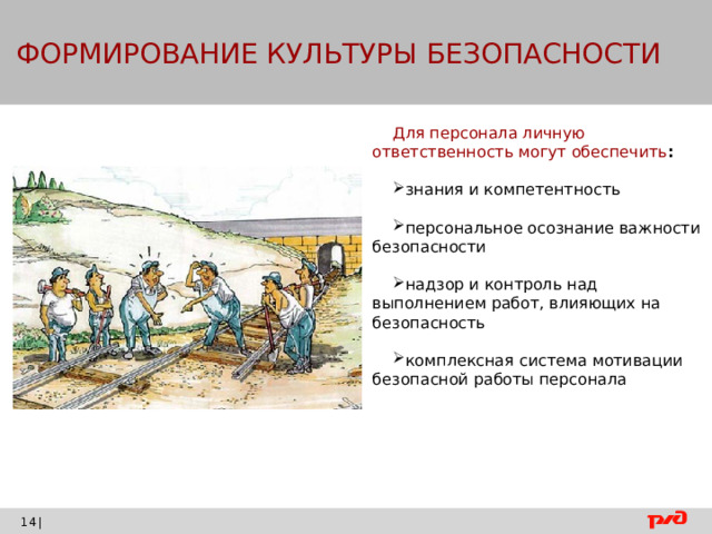  ФОРМИРОВАНИЕ КУЛЬТУРЫ БЕЗОПАСНОСТИ Для персонала личную ответственность могут обеспечить : знания и компетентность персональное осознание важности безопасности надзор и контроль над выполнением работ, влияющих на безопасность комплексная система мотивации безопасной работы персонала |    