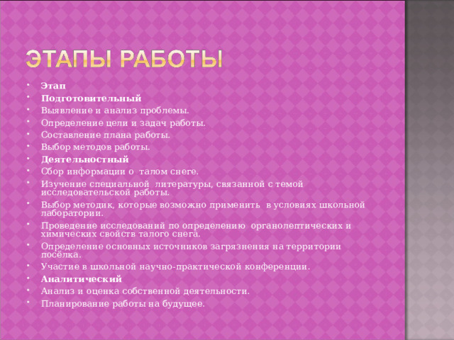 Этап Подготовительный Выявление и анализ проблемы. Определение цели и задач работы. Составление плана работы. Выбор методов работы. Деятельностный Сбор информации о талом снеге. Изучение специальной литературы, связанной с темой исследовательской работы. Выбор методик, которые возможно применить в условиях школьной лаборатории. Проведение исследований по определению органолептических и химических свойств талого снега. Определение основных источников загрязнения на территории посёлка. Участие в школьной научно-практической конференции. Аналитический Анализ и оценка собственной деятельности. Планирование работы на будущее.  