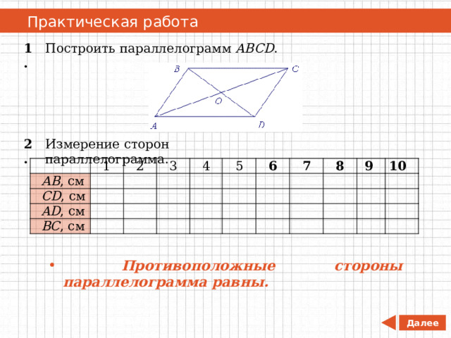   Практическая работа 1. Построить параллелограмм ABCD . Измерение сторон параллелограмма. 2.   АВ , см 1 2 CD , см   3 AD , см     ВС , см   4       5           6         7     8   9   10  Противоположные стороны параллелограмма равны. Далее 