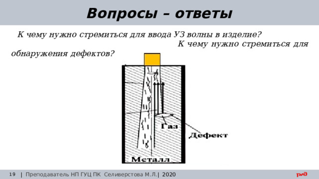 30.08.24 Вопросы – ответы К чему нужно стремиться для ввода УЗ волны в изделие?  К чему нужно стремиться для обнаружения дефектов? | Преподаватель НП ГУЦ ПК Селиверстова М.Л. | 2020  Заседание технического совета 29.03.2019 