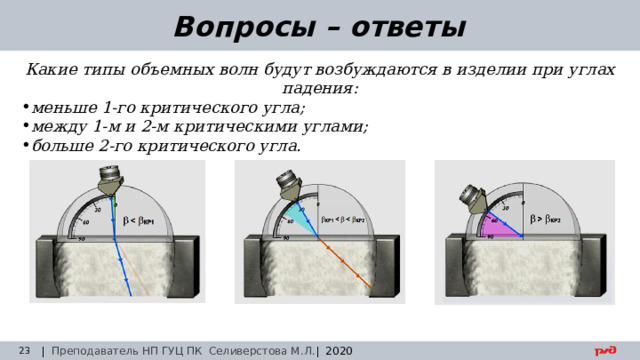 30.08.24 Вопросы – ответы Какие типы объемных волн будут возбуждаются в изделии при углах падения: меньше 1-го критического угла; между 1-м и 2-м критическими углами; больше 2-го критического угла. | Преподаватель НП ГУЦ ПК Селиверстова М.Л. | 2020  Заседание технического совета 29.03.2019 