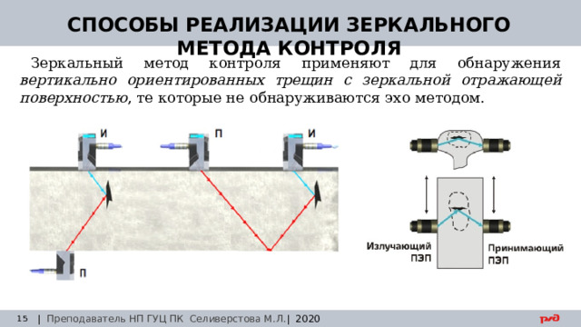 30.08.24 СПОСОБЫ РЕАЛИЗАЦИИ ЗЕРКАЛЬНОГО МЕТОДА КОНТРОЛЯ Зеркальный метод контроля применяют для обнаружения вертикально ориентированных трещин  с зеркальной отражающей поверхностью , те которые не обнаруживаются эхо методом. | Преподаватель НП ГУЦ ПК Селиверстова М.Л. | 2020  Заседание технического совета 29.03.2019 