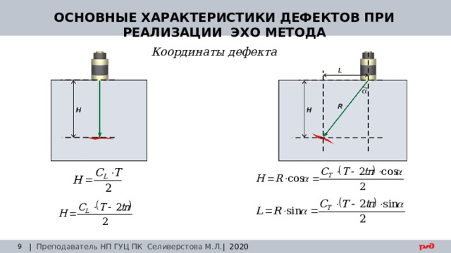 30.08.24 ОСНОВНЫЕ ХАРАКТЕРИСТИКИ ДЕФЕКТОВ ПРИ РЕАЛИЗАЦИИ ЭХО МЕТОДА Координаты дефекта | Преподаватель НП ГУЦ ПК Селиверстова М.Л. | 2020  Заседание технического совета 29.03.2019 
