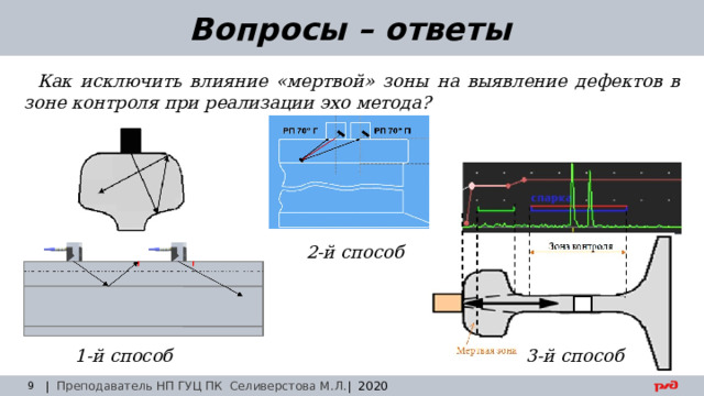 30.08.24 Вопросы – ответы Как исключить влияние «мертвой» зоны на выявление дефектов в зоне контроля при реализации эхо метода? 2-й способ 1-й способ 3-й способ | Преподаватель НП ГУЦ ПК Селиверстова М.Л. | 2020  Заседание технического совета 29.03.2019 