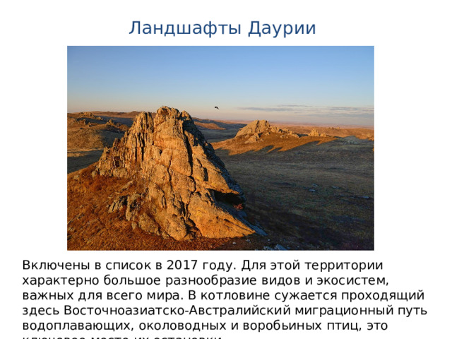 Ландшафты Даурии Включены в список в 2017 году. Для этой территории характерно большое разнообразие видов и экосистем, важных для всего мира. В котловине сужается проходящий здесь Восточноазиатско-Австралийский миграционный путь водоплавающих, околоводных и воробьиных птиц, это ключевое место их остановки. 