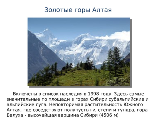 Золотые горы Алтая Включены в список наследия в 1998 году. Здесь самые значительные по площади в горах Сибири субальпийские и альпийские луга. Неповторимая растительность Южного Алтая, где соседствуют полупустыни, степи и тундра, гора Белуха - высочайшая вершина Сибири (4506 м) 