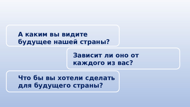 А каким вы видите будущее нашей страны? Зависит ли оно от каждого из вас? Что бы вы хотели сделать для будущего страны? 