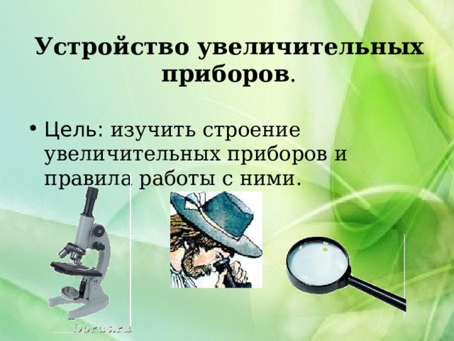 Устройство увеличительных приборов . Цель: изучить строение увеличительных приборов и правила работы с ними. 