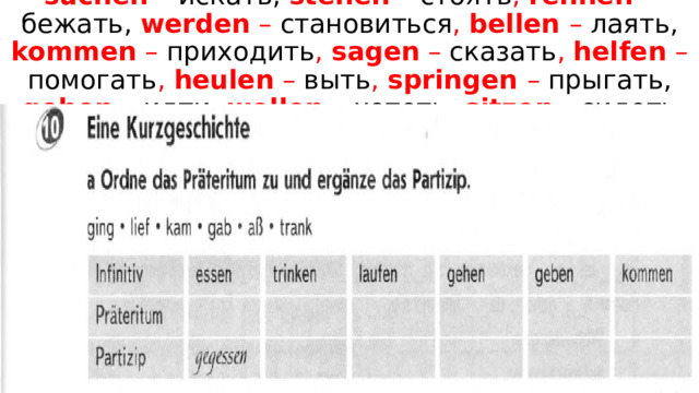 suchen – искать, stehen – стоять , rennen – бежать, werden – становиться , bellen – лаять, kommen – приходить , sagen – сказать , helfen – помогать , heulen – выть , springen – прыгать, gehen – идти , wollen – хотеть , sitzen - сидеть 