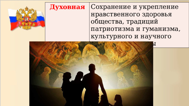 Духовная Сохранение и укрепление нравственного здоровья общества, традиций патриотизма и гуманизма, культурного и научного потенциала страны 