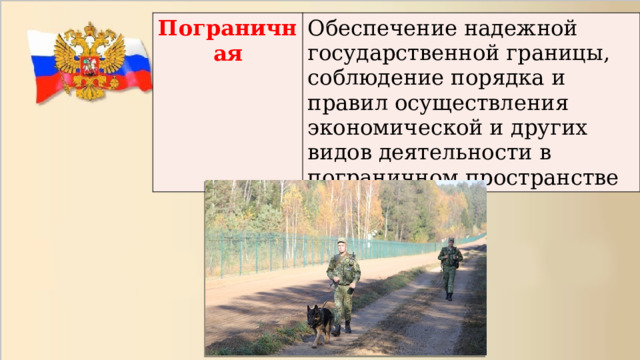 Пограничная Обеспечение надежной государственной границы, соблюдение порядка и правил осуществления экономической и других видов деятельности в пограничном пространстве 