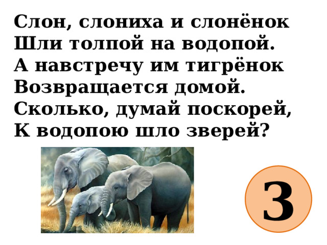 Слон, слониха и слонёнок  Шли толпой на водопой.  А навстречу им тигрёнок  Возвращается домой.  Сколько, думай поскорей,  К водопою шло зверей? 3 