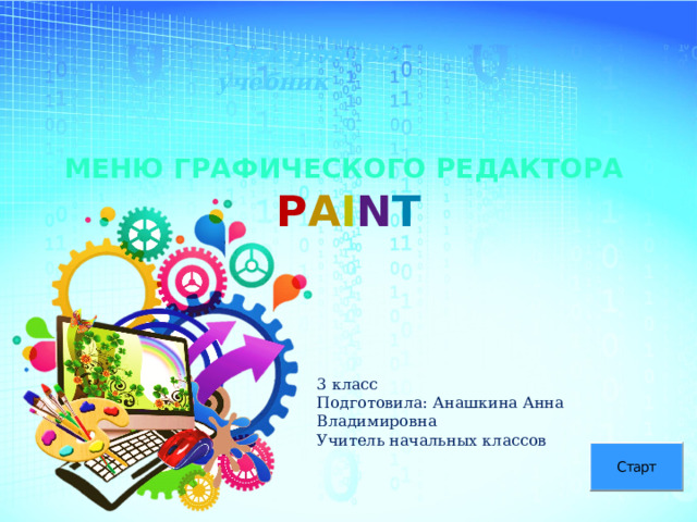 Электронный учебник Меню графического редактора p a i n t 3 класс  Подготовила: Анашкина Анна Владимировна Учитель начальных классов 