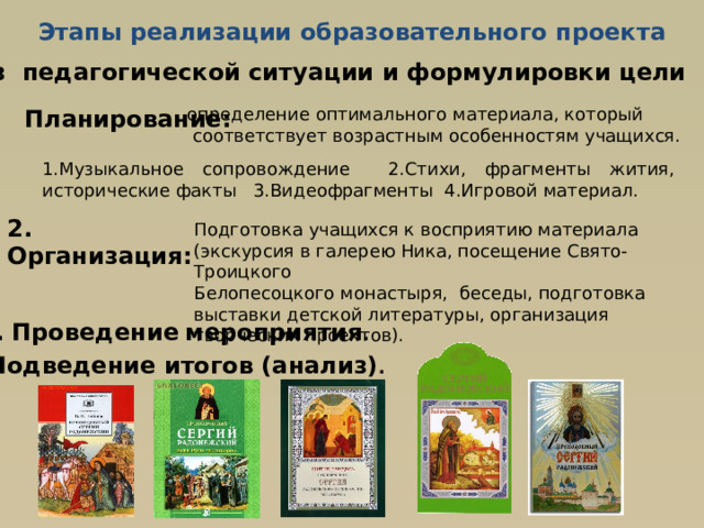 Этапы реализации образовательного проекта 1. Анализ педагогической ситуации и формулировки цели  определение оптимального материала, который  соответствует возрастным особенностям учащихся. Планирование: 1.Музыкальное сопровождение 2.Стихи, фрагменты жития, исторические факты 3.Видеофрагменты 4.Игровой материал. 1.Музыкальное сопровождение 2.Стихи, фрагменты жития, исторические факты 3.Видеофрагменты 4.Игровой материал. 2. Организация: Подготовка учащихся к восприятию материала (экскурсия в галерею Ника, посещение Свято-Троицкого Белопесоцкого монастыря, беседы, подготовка выставки детской литературы, организация творческих проектов). 3. Проведение  мероприятия . 4. Подведение итогов (анализ) . 