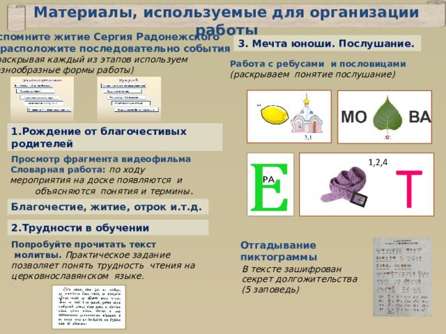 Материалы, используемые для организации работы Вспомните житие Сергия Радонежского и расположите последовательно события ( раскрывая каждый из этапов используем разнообразные формы работы) 3. Мечта юноши. Послушание. Работа с ребусами и пословицами (раскрываем понятие послушание) 1.Рождение от благочестивых родителей  Просмотр фрагмента видеофильма  Словарная работа: по ходу  мероприятия на доске появляются и объясняются понятия и термины . Благочестие, житие, отрок и.т.д. 2.Трудности в обучении Попробуйте прочитать текст  молитвы . Практическое задание  Отгадывание  пиктограммы  позволяет понять трудность чтения на церковнославянском языке. В тексте зашифрован секрет долгожительства (5 заповедь) 