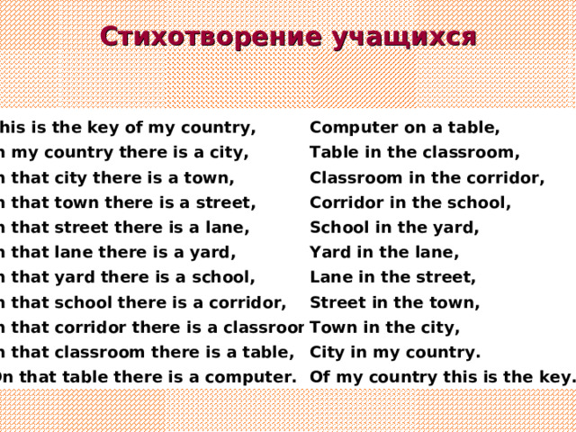 Стихотворение  учащихся This is the key of my country, In my country there is a city, In that city there is a town, In that town there is a street, In that street there is a lane, In that lane there is a yard, In that yard there is a school, In that school there is a corridor, In that corridor there is a classroom, In that classroom there is a table, On that table there is a computer. Computer on a table, Table in the classroom, Classroom in the corridor, Corridor in the school, School in the yard, Yard in the lane, Lane in the street, Street in the town, Town in the city, City in my country. Of my country this is the key.  