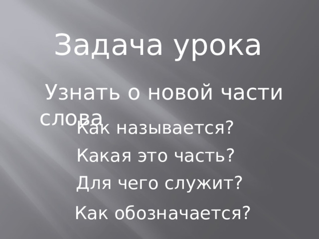Задача урока  Узнать о новой части слова Как называется? Какая это часть? Для чего служит? Как обозначается? 