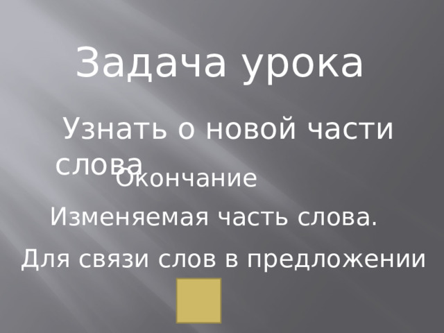 Задача урока  Узнать о новой части слова Окончание Изменяемая часть слова. Для связи слов в предложении 
