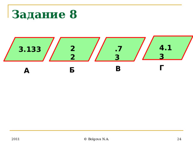Задание 8  4.13 22 .73 3.133 Г В Б А 2011 23 © Bolgova N.A. 