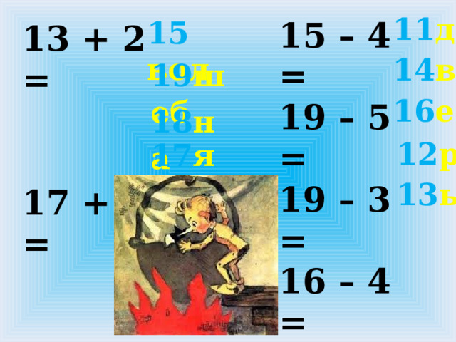 11 д 15 вол 15 – 4 = 19 – 5 = 19 – 3 = 16 – 4 = 15 – 2 = 13 + 2 = 17 + 2 = 16 + 2 = 15 + 2 =      14 в 19 шеб 16 е 18 на 12 р 17 я 13 ь 