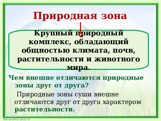 Природная зона Крупный природный комплекс, обладающий общностью климата, почв, растительности и животного мира.    Чем внешне отличаются природные зоны друг от друга?  Природные зоны суши внешне отличаются друг от друга характером растительности.  