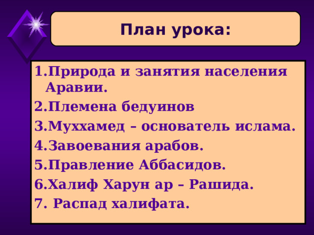 План урока: 1.Природа и занятия населения Аравии. 2.Племена бедуинов 3.Муххамед – основатель ислама. 4.Завоевания арабов. 5.Правление Аббасидов. 6.Халиф Харун ар – Рашида. 7. Распад халифата. 