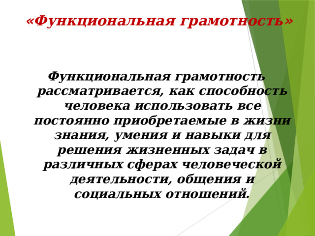  « Функциональная грамотность »   Функциональная грамотность рассматривается, как способность человека использовать все постоянно приобретаемые в жизни знания, умения и навыки для решения жизненных задач в различных сферах человеческой деятельности, общения и социальных отношений.  
