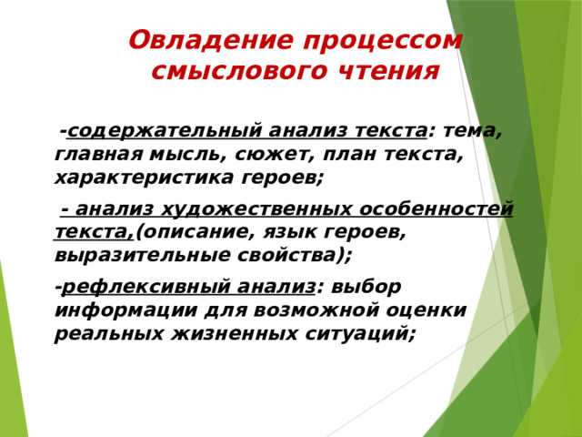 Овладение процессом смыслового чтения    - содержательный анализ текста : тема, главная мысль, сюжет, план текста, характеристика героев;  - анализ художественных особенностей текста, (описание, язык героев, выразительные свойства); - рефлексивный анализ : выбор информации для возможной оценки реальных жизненных ситуаций; 