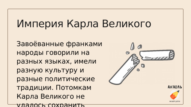 Империя Карла Великого Завоёванные франками народы говорили на разных языках, имели разную культуру и разные политические традиции. Потомкам Карла Великого не удалось сохранить единство империи. 