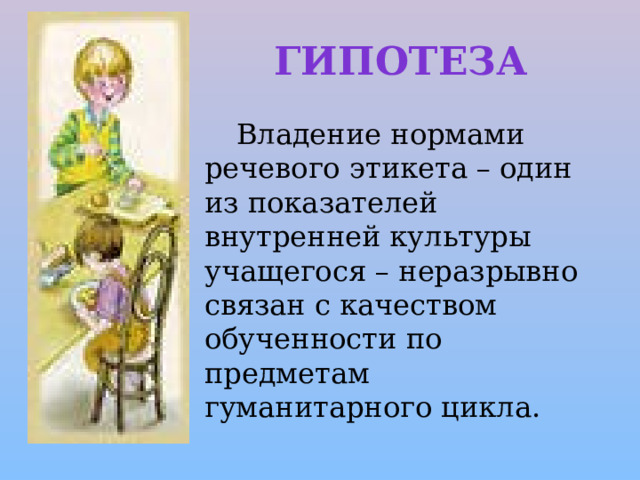 Гипотеза   Владение нормами речевого этикета – один из показателей внутренней культуры учащегося – неразрывно связан с качеством обученности по предметам гуманитарного цикла. 