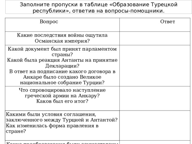 Заполните пропуски в таблице «Образование Турецкой республики», ответив на вопросы-помощники.  Вопрос  Ответ Какие последствия войны ощутила Османская империя? Какой документ был принят парламентом страны? Какой была реакция Антанты на принятие Декларации? Что спровоцировало наступление греческой армии на Анкару? В ответ на подписание какого договора в Анкаре было создано Великое национальное собрание Турции? Каков был его итог? Какими были условия соглашения, заключенного между Турцией и Антантой? Как изменилась форма правления в стране? Какие преобразования были осуществлены новой властью? 