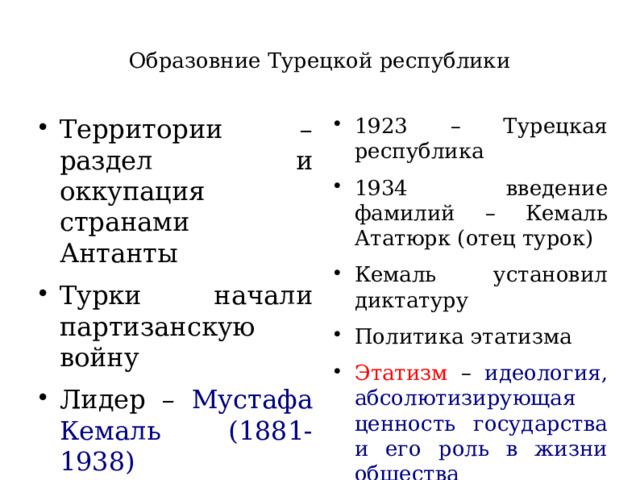 Образовние Турецкой республики Территории – раздел и оккупация странами Антанты Турки начали партизанскую войну Лидер – Мустафа Кемаль (1881-1938) 1923 – Турецкая республика 1934 введение фамилий – Кемаль Ататюрк (отец турок) Кемаль установил диктатуру Политика этатизма Этатизм – идеология, абсолютизирующая ценность государства и его роль в жизни общества 