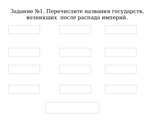 Задание №1. Перечислите названия государств, возникших после распада империй. 