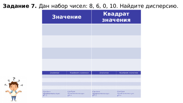 Задание 7. Дан набор чисел: 8, 6, 0, 10. Найдите дисперсию. Значение Значение Квадрат значения Квадрат значения Среднее арифметическое: = Среднее арифметическое: = 